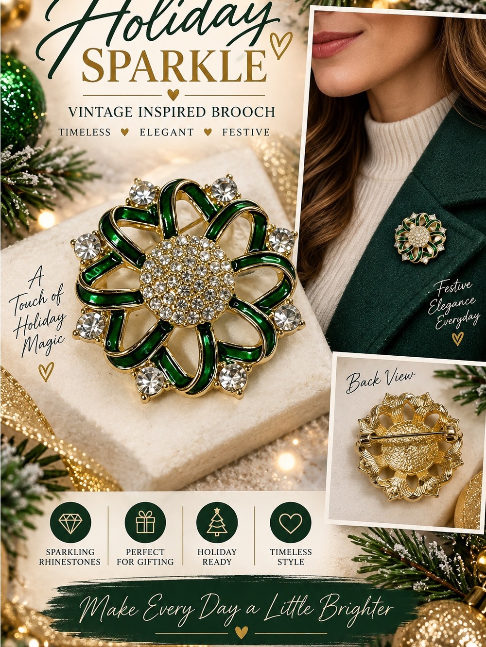 651 Holiday Sparkle Green and Gold Floral Brooch with Rhinestones